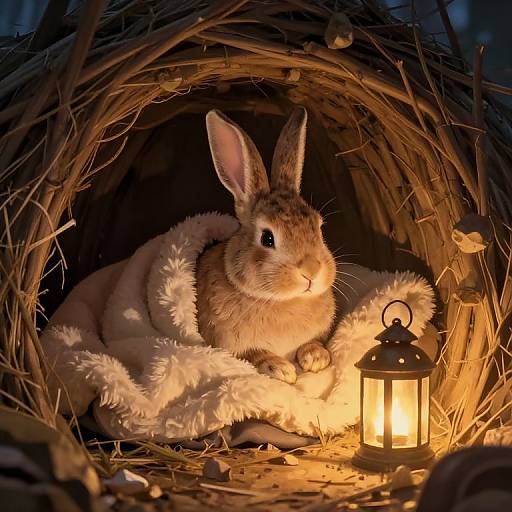 Photograph of a fluffy brown rabbit with large ears, lying in a cozy, lit, straw nest beside a glowing lantern.