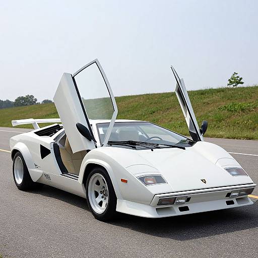 Photograph of a white, open-top, vintage Ferrari sports car driving on a rural road with grassy hills in the background.