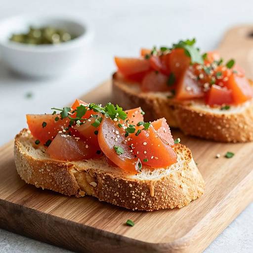 Photograph of two toasted bagel slices topped with bright red tomato slices, chopped green herbs, and sesame seeds on a wooden board.