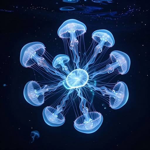 Photograph of a cluster of glowing blue jellyfish with translucent, bell-shaped bodies and delicate, wispy tentacles, floating in a dark, star