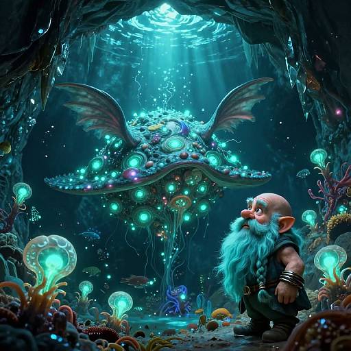 Fantastical underwater cave scene: bald, bearded goblin with blue beard faces bioluminescent, winged sea creature amidst glowing jellyfish