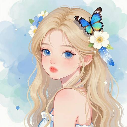 Whimsical Girl with Blue Eyes and Flowers