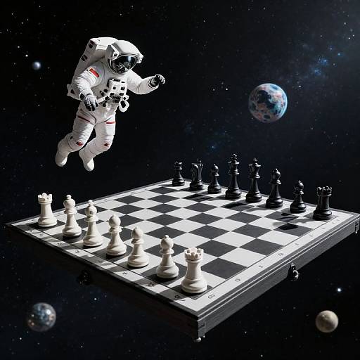 Digital artwork of an astronaut in a white spacesuit floating mid-air, playing chess on a floating board in space with planets in the background.