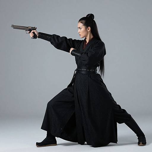 Photograph of a woman with long black hair in a bun, wearing a black flowing robe and boots, aiming a handgun in a dynamic pose against a