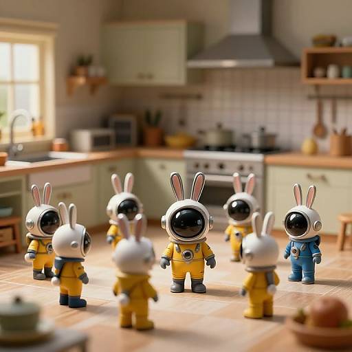 Photograph of six astronaut rabbit LEGO figures in yellow and blue suits, standing on a kitchen floor, with a bright, sunlit kitchen background.