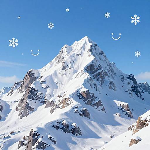 Photograph of a snow-covered mountain peak with clear blue sky, adorned with white snowflakes and crescent moon graphics.