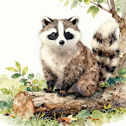 Watercolor illustration of a raccoon with black and white face, sitting on a branch, surrounded by green leaves and grass.