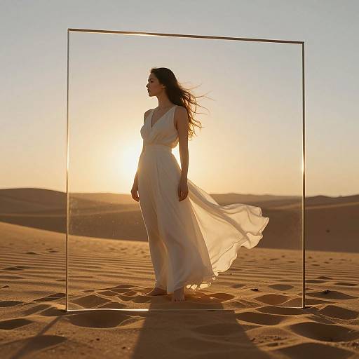 Photograph of a woman in a flowing white dress, standing in a desert at sunset, framed by a thin rectangle, with sun rays illuminating her