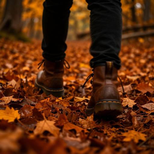 Photograph of a person's legs in black pants and brown leather boots standing on a forest floor covered in vibrant orange and brown autumn leaves.