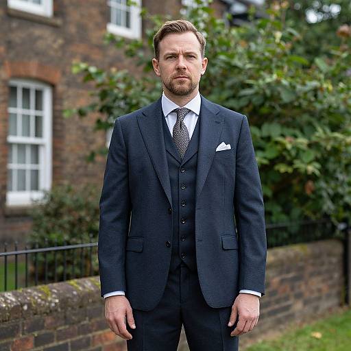 Photograph of a bearded man in a black three-piece suit with white shirt and patterned tie, standing outdoors in front of a brick building with