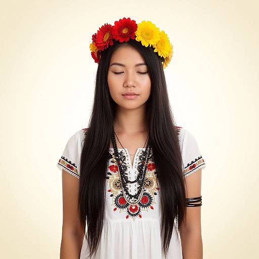 Photograph of an Asian woman with long black hair, wearing a white embroidered top and a red-yellow flower crown, eyes closed, against a plain white