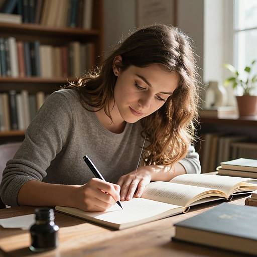 Photograph of a young woman with wavy brown hair, wearing a gray sweater, writing in an open book at a sunlit wooden table in a