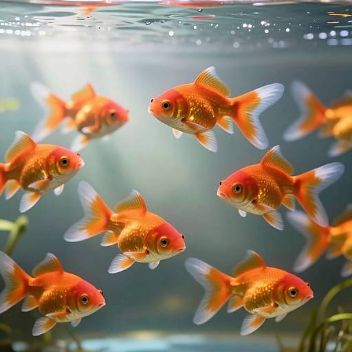 Photograph of seven vibrant orange goldfish with white-tipped fins, swimming in a clear, sunlit aquarium with a blue-green background.