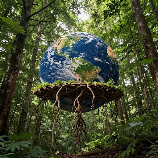 Photograph of Earth suspended above a floating, root-covered platform in a dense, green forest, blending realism with fantasy elements.