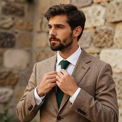Photograph of a handsome, bearded man with dark hair, adjusting his brown tweed suit jacket and green tie, standing against a stone wall background