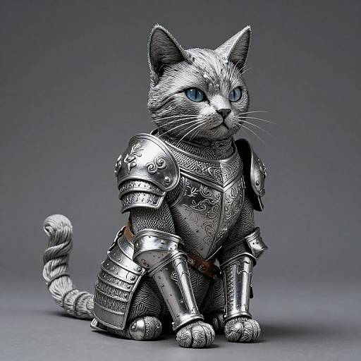 Digital artwork of a silver-armored cat with blue eyes, detailed metal armor, and a curled tail, set against a gray gradient background.