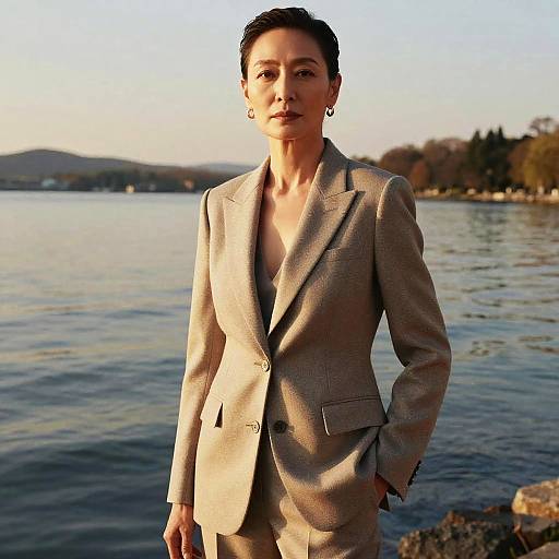 Photograph of a confident, short-haired woman in a beige blazer standing by a calm lake during sunset, with trees and hills in the background.