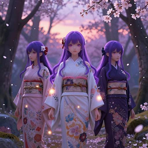 Purple Haired Anime Girls in Kimonos at Cherry Blossom Forest