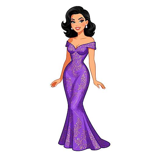 Digital illustration of a smiling, black-haired woman in an off-shoulder, purple, floral-patterned, form-fitting evening gown, standing against