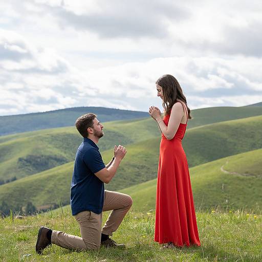 Photograph of a bearded man kneeling in a blue shirt proposing to a woman in a red dress on a grassy hill. Green rolling hills and