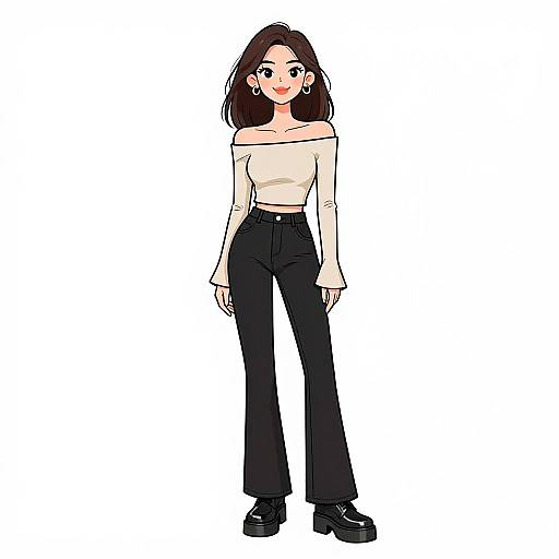 Digital illustration of a smiling Asian woman with long brown hair, off-shoulder white top, black high-waisted pants, and black platform shoes