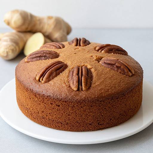 Photograph of a round, brown, nut-topped cake on a white plate, with two ginger roots in the blurred background.