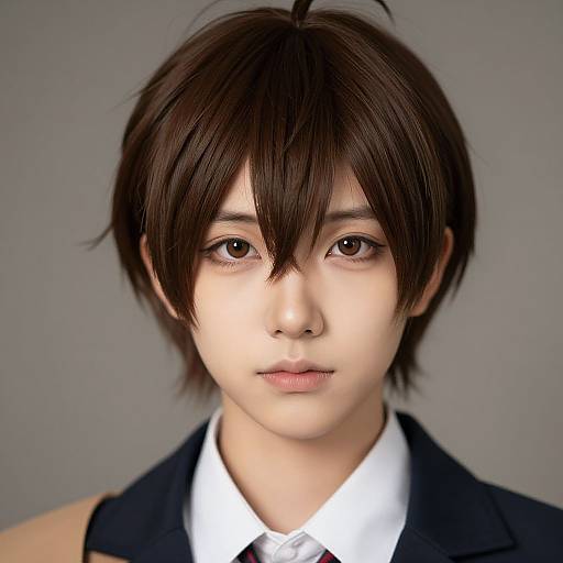 Digital portrait of a young Asian male with short, dark brown hair, brown eyes, pale skin, wearing a black suit and white shirt. Neutral gray