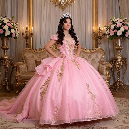 Photograph of a beautiful woman in a pink, gold-embellished ball gown, tiara, standing in an ornate room with gold chairs