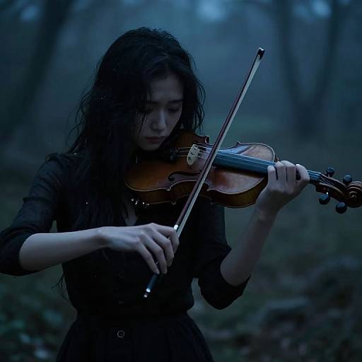Photograph of a young woman with long, wet, dark hair playing a violin in a misty, blue-tinted forest at dusk. She