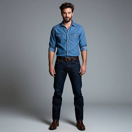 Photograph of a bearded man with curly dark hair, wearing a blue denim shirt, black jeans, and brown shoes, standing against a gray gradient