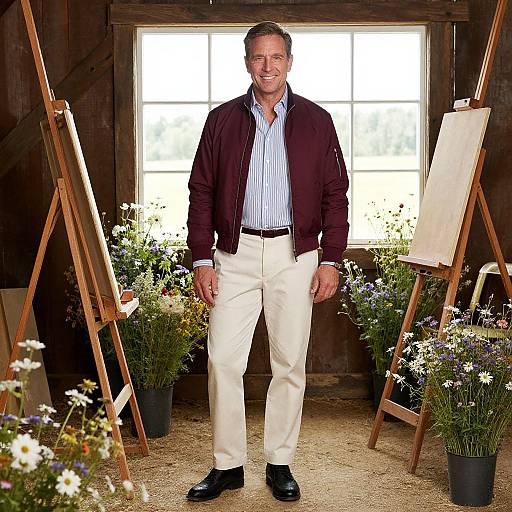 Photograph of a smiling middle-aged man in a maroon jacket, white shirt, and beige pants, standing in a flower-filled wooden studio with two