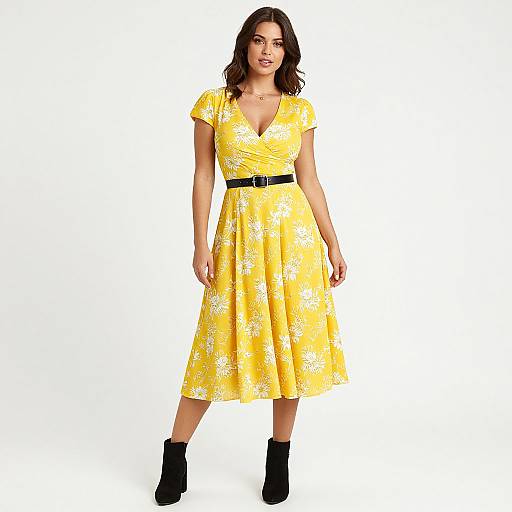 Photograph of a confident woman with wavy dark hair, wearing a yellow floral dress, black belt, and black ankle boots, standing against a plain