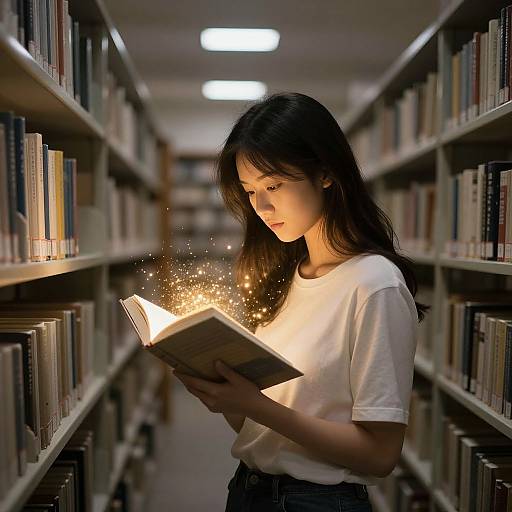 Photograph of a young Asian woman with long black hair, wearing a white t-shirt, reading a book emitting sparkling light in a dimly lit library