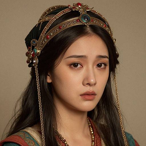 Photograph of an East Asian woman with long black hair, wearing a gold and red ornate headpiece, and a patterned robe, against a