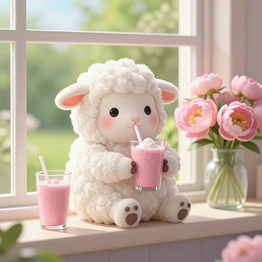 Cozy Cartoon Sheep Enjoying Smoothie