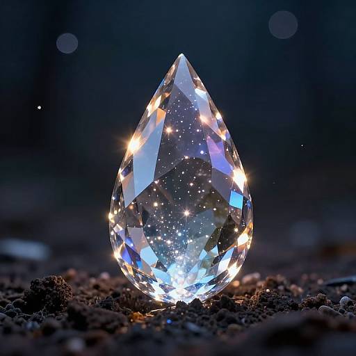 Photograph of a clear, teardrop-shaped diamond with internal starbursts, reflecting light against a dark, blurred background with scattered small stones.
