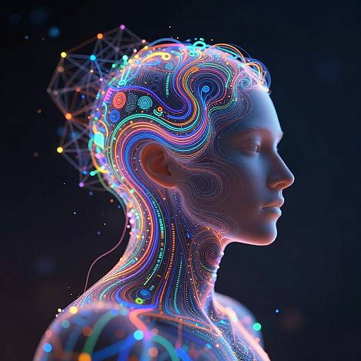 Digital artwork of a glowing, neon-wired female profile against a dark background, featuring colorful, intricate brain-like patterns and geometric nodes.