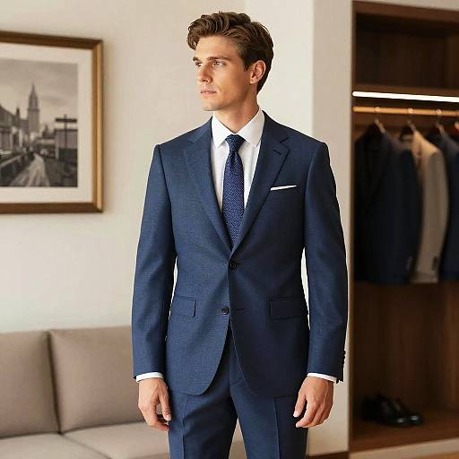 Man in Blue Suit Standing Indoors
