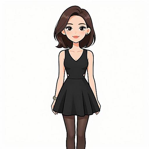 Digital illustration of a cute, young Asian woman with shoulder-length brown hair, wearing a black sleeveless dress, black tights, and a bracelet,
