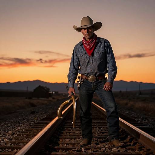 Photograph of a rugged cowboy with a beige hat, red bandana, blue checkered shirt, and jeans, holding a lasso, standing on