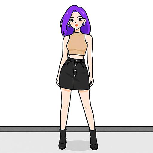Digital drawing of a pale-skinned woman with purple hair, wearing a beige crop top, black high-waisted skirt, and black ankle boots,