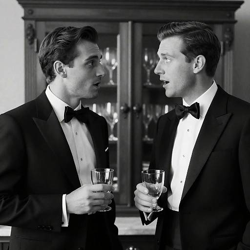 Two Men in Tuxedos Conversing