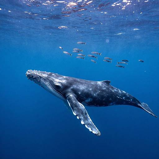 Photograph of a massive humpback whale gliding underwater, surrounded by a school of small fish, in a deep blue ocean.