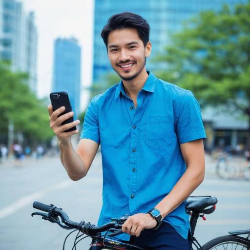 Smiling man with bicycle holding phone outdoors