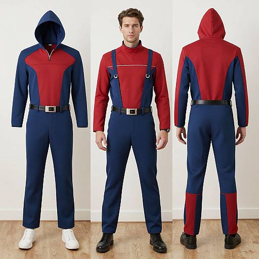 Photograph of a man in a red and blue superhero-style jumpsuit, hooded, front, and back views, with white shoes.