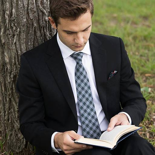 Focused Reader Against a Tree Trunk