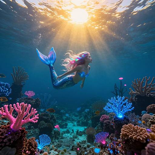 Photograph of a mermaid with long blonde hair, blue and green scaled tail, swimming underwater amidst colorful coral reefs and sunlight beams.