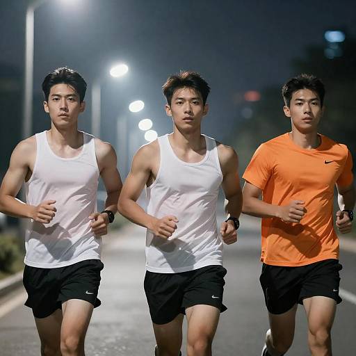 Dynamic Night Run of Muscular Men