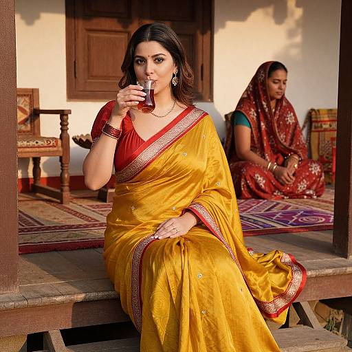 Photograph of two Indian women in colorful traditional sarees, one sipping a drink on a wooden bench, the other seated in the background, both