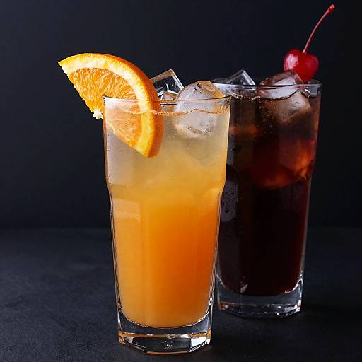 Photograph of two tall glasses: one with orange juice and an orange slice, the other with dark soda, ice, and a cherry. Dark background